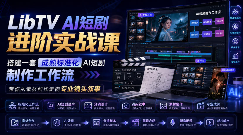 LibTV AI短剧进阶实战课,搭建一套成熟标准化AI短剧制作工作流,带你从素材创作走向专业镜头叙事-独家科技资源网