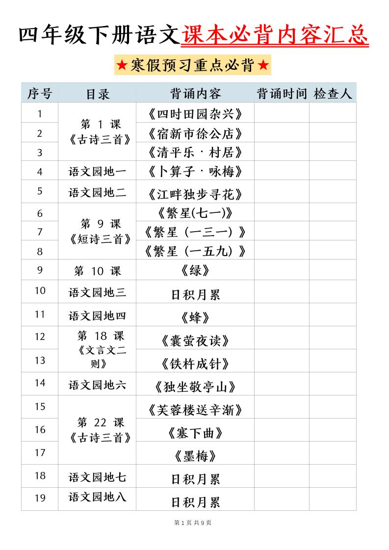 四下语文寒假预习课本必背内容汇总（9页）-独家科技资源网