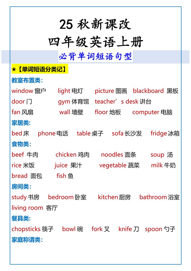 【2025秋新版】四年级英语上册必背单词短语句型-独家科技资源网