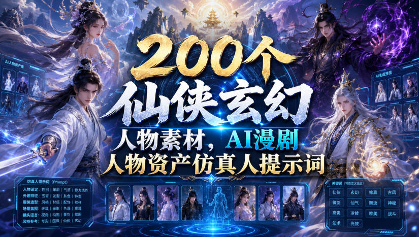 200个仙侠玄幻人物素材，AI漫剧人物资产仿真人提示词-独家科技资源网