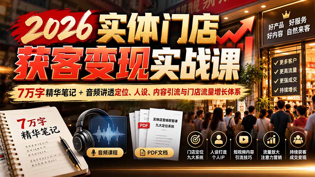 2026实体门店获客变现实战课：7万字精华笔记+音频讲透定位、人设、内容引流与门店流量增长体系-独家科技资源网