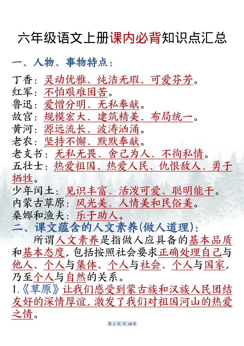 六上语文课内必背知识点汇总（共14页）-独家科技资源网