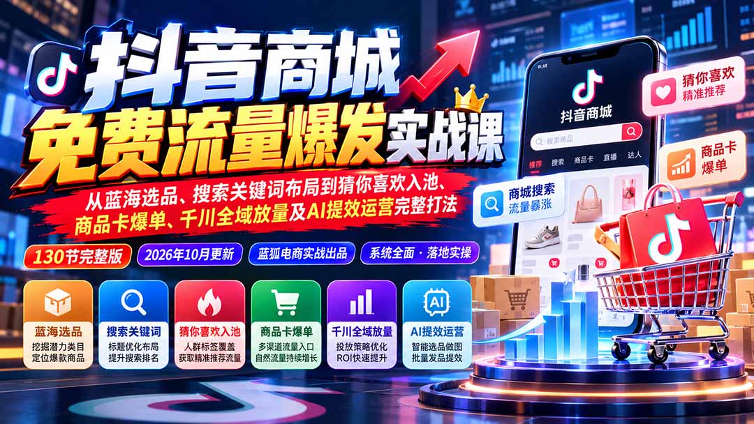 抖店城免费流量爆发实战-更新：蓝海选品、搜索关键词布局到猜你喜欢入池、商品卡爆单、千川全域放量及AI提效完整打法-独家科技资源网