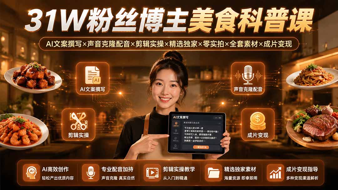 31W粉丝博主美食科普课:AI文案撰写×声音克隆配音×剪辑实操×精选独家×零实拍×全套素材×成片变现-独家科技资源网