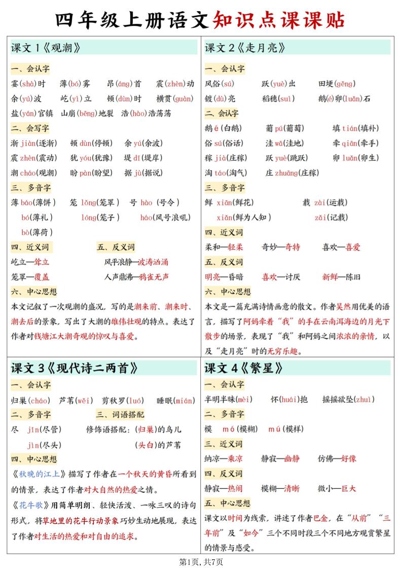 四上语文知识点课课贴7页-独家科技资源网