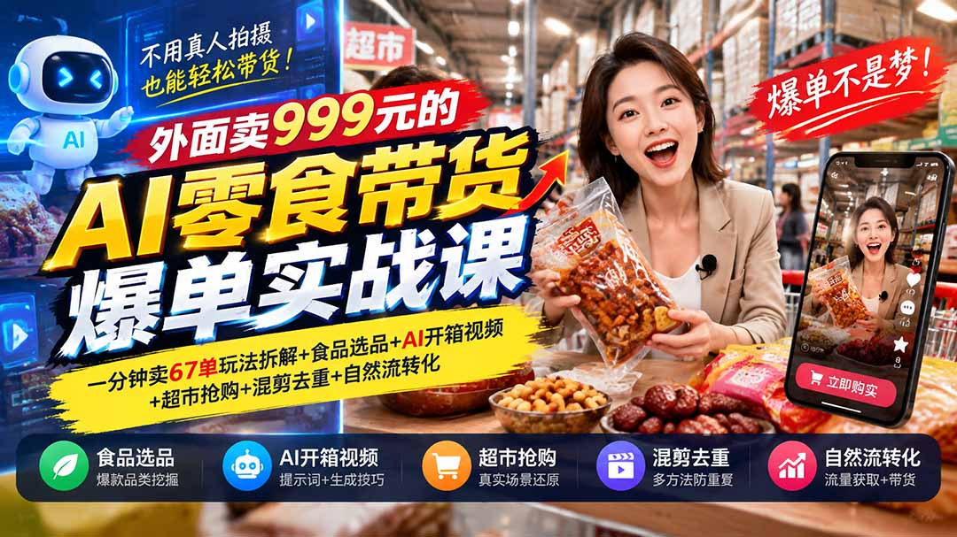 外面卖999元的AI零食带货爆单实战课|一分钟卖67单玩法拆解+食品选品+AI开箱视频+超市抢购+混剪去重+自然流转化-独家科技资源网