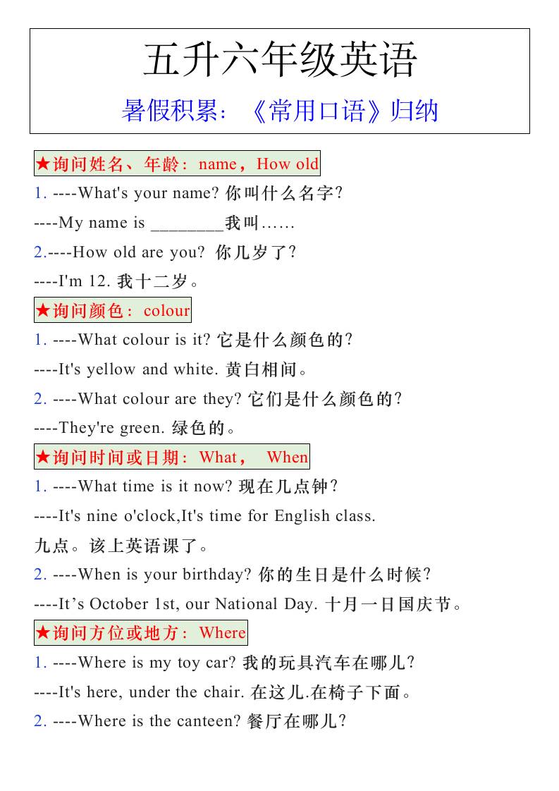 五升六年级英语暑假《常用口语》归纳-六上英语-独家科技资源网