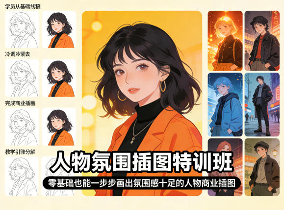 人物氛围插图特训班，零基础也能一步步画出氛围感十足的人物商业插图-独家科技资源网