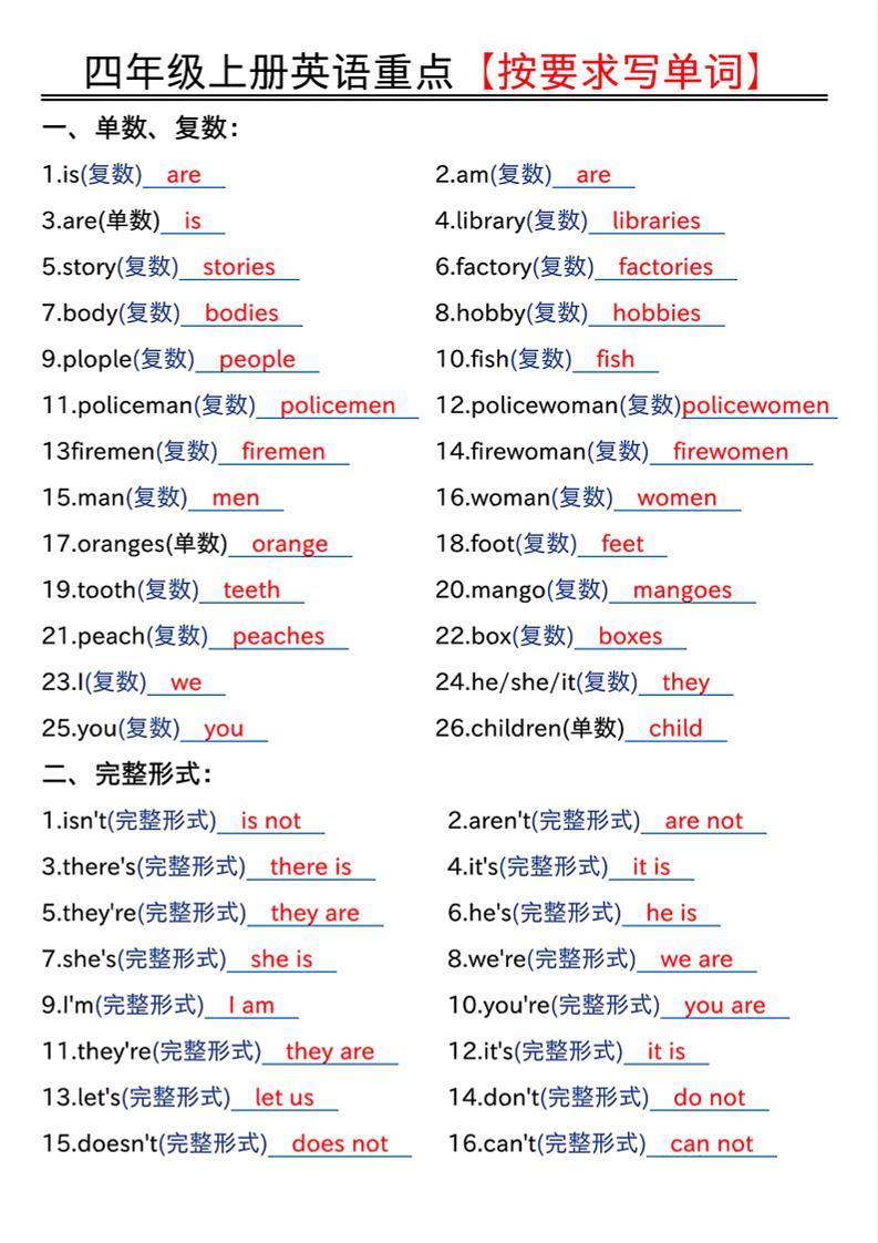 四年级上人教PEP版英语重点按要求写单词（答案）-独家科技资源网