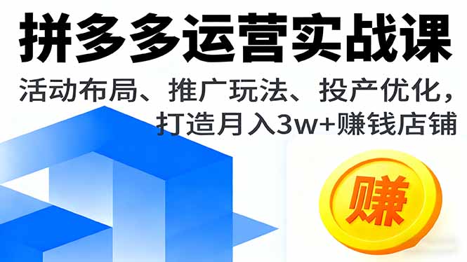 拼多多运营实战课，活动布局、推广玩法、投产优化，打造月入3w+赚钱店铺-独家科技资源网