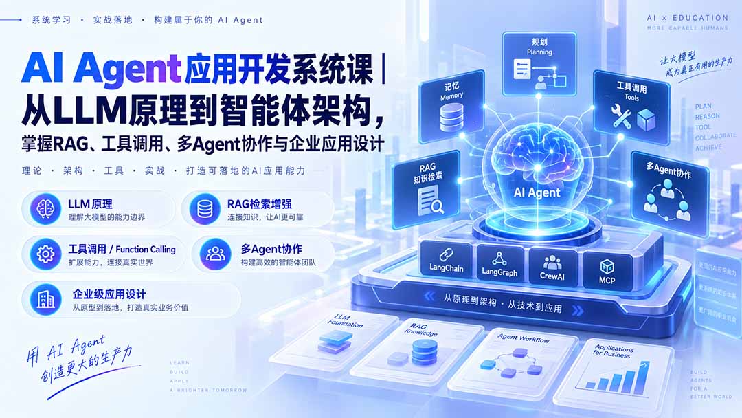 AI Agent应用开发系统课-179节|从LLM原理到智能体架构,掌握RAG、工具调用、多Agent协作与企业应用设计-独家科技资源网