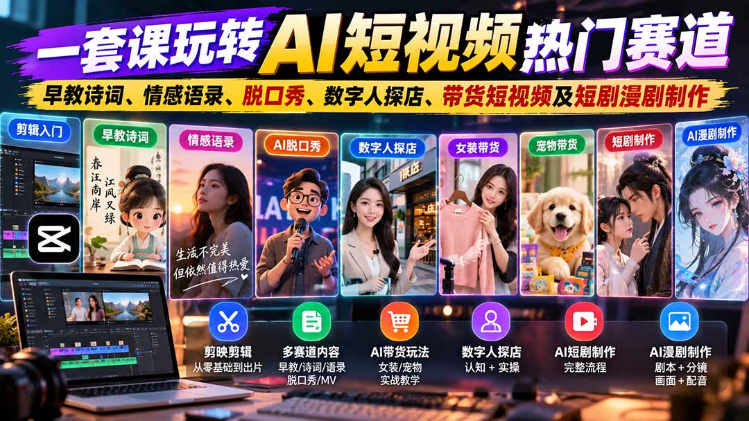 一套课玩转AI短视频热门赛道：早教诗词、情感语录、脱口秀、数字人探店、带货短视频及短剧漫剧制作  复制标题-独家科技资源网