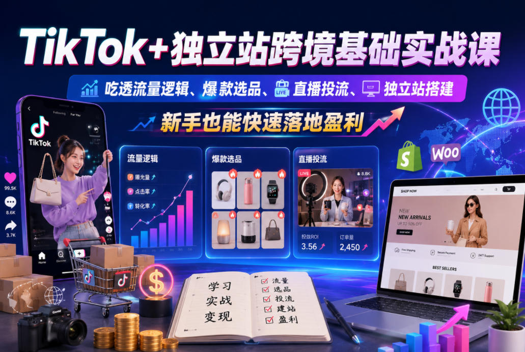 TikTok+独立站跨境基础实战课,吃透流量逻辑、爆款选品、直播投流与独立站搭建,新手也能快速落地盈利-独家科技资源网
