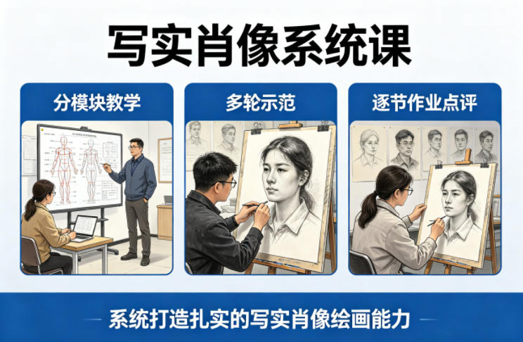 写实肖像系统课，全程分模块教学+多轮示范+逐节作业点评，系统打造扎实的写实肖像绘画能力-独家科技资源网
