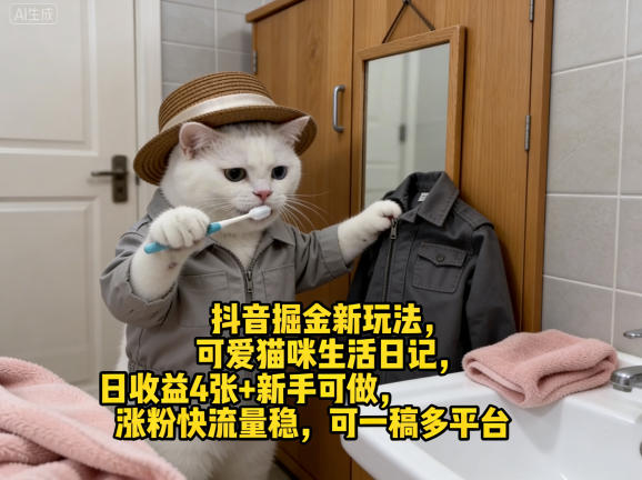 抖音掘金新玩法，可爱猫咪生活日记，日收益4张+新手可做，涨粉快流量稳，可一稿多平台-独家科技资源网