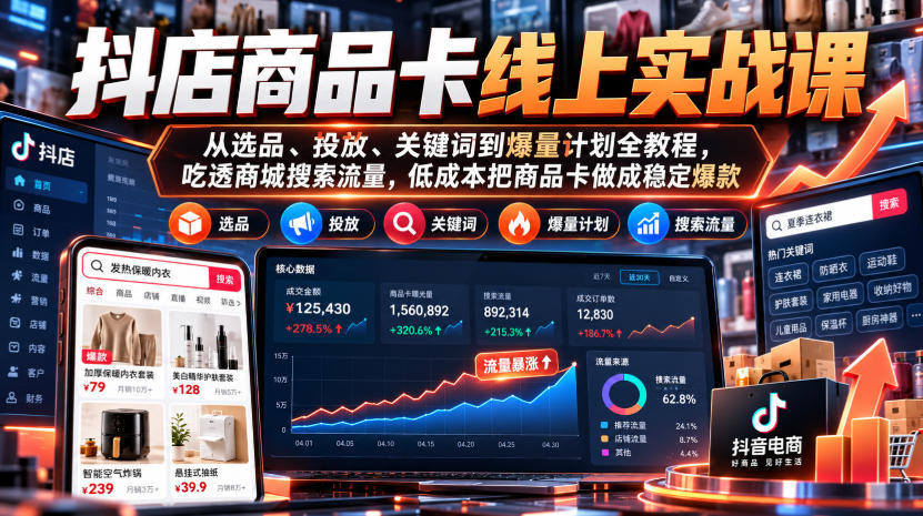 抖店商品卡线上实战课|从选品、投放、关键词到爆量计划全教程,吃透商城搜索流量,低成本把商品卡做成稳定爆款-独家科技资源网