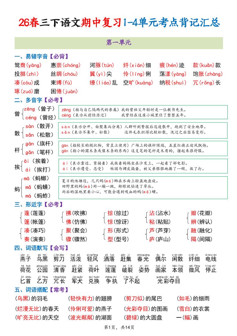 三年级下语文期中复习1-4单元考点背记汇总-独家科技资源网