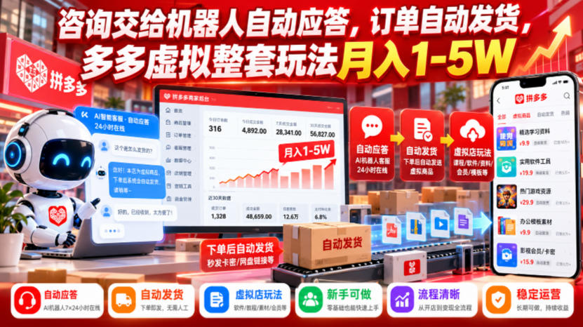 咨询交给机器人自动应答，订单自动发货，多多虚拟整套玩法月入1-5W【揭秘】-独家科技资源网