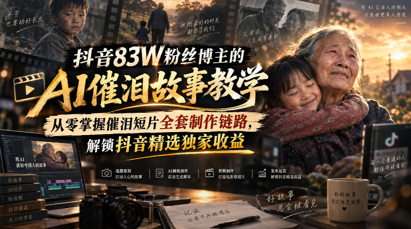抖音83W粉丝博主的AI催泪故事教学,从零掌握催泪短片全套制作链路,解锁抖音精选独家收益-独家科技资源网