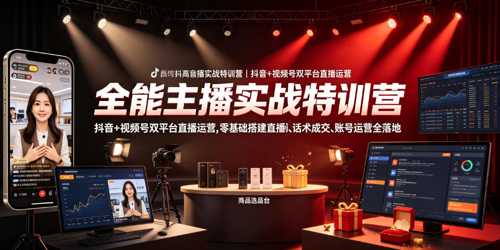 全能主播实战特训营|抖音+视频号双平台直播运营,零基础搭建直播间、精准选品、话术成交、账号运营全落地-独家科技资源网