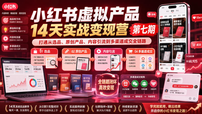 小红书虚拟产品14天实战变现营第七期,打通从选品、原创产品、内容引流到多渠道成交全链路-独家科技资源网