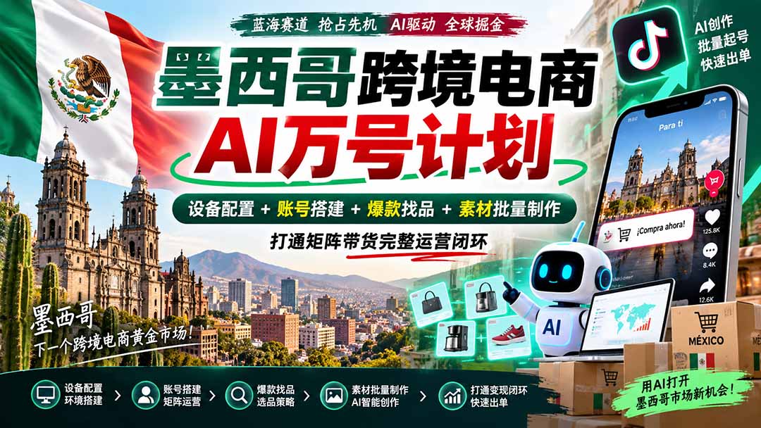 墨西哥AI跨境电商万号计划｜设备配置+账号搭建+爆款找品+素材批量制作，打通矩阵带货完整运营闭环-独家科技资源网