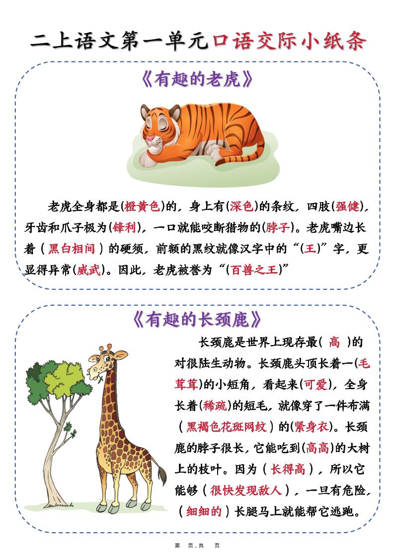 新二上语文第一单元《有趣的动物》口语交际小纸条（含空白14页）-独家科技资源网