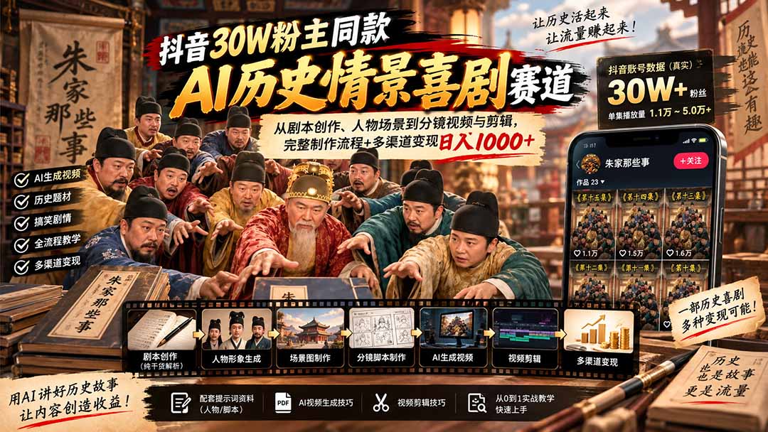抖音30W粉博主同款AI历史情景喜剧赛道:从剧本创作、人物场景到分镜视频与剪辑,完整制作流程+多渠道变现日入1000+-独家科技资源网