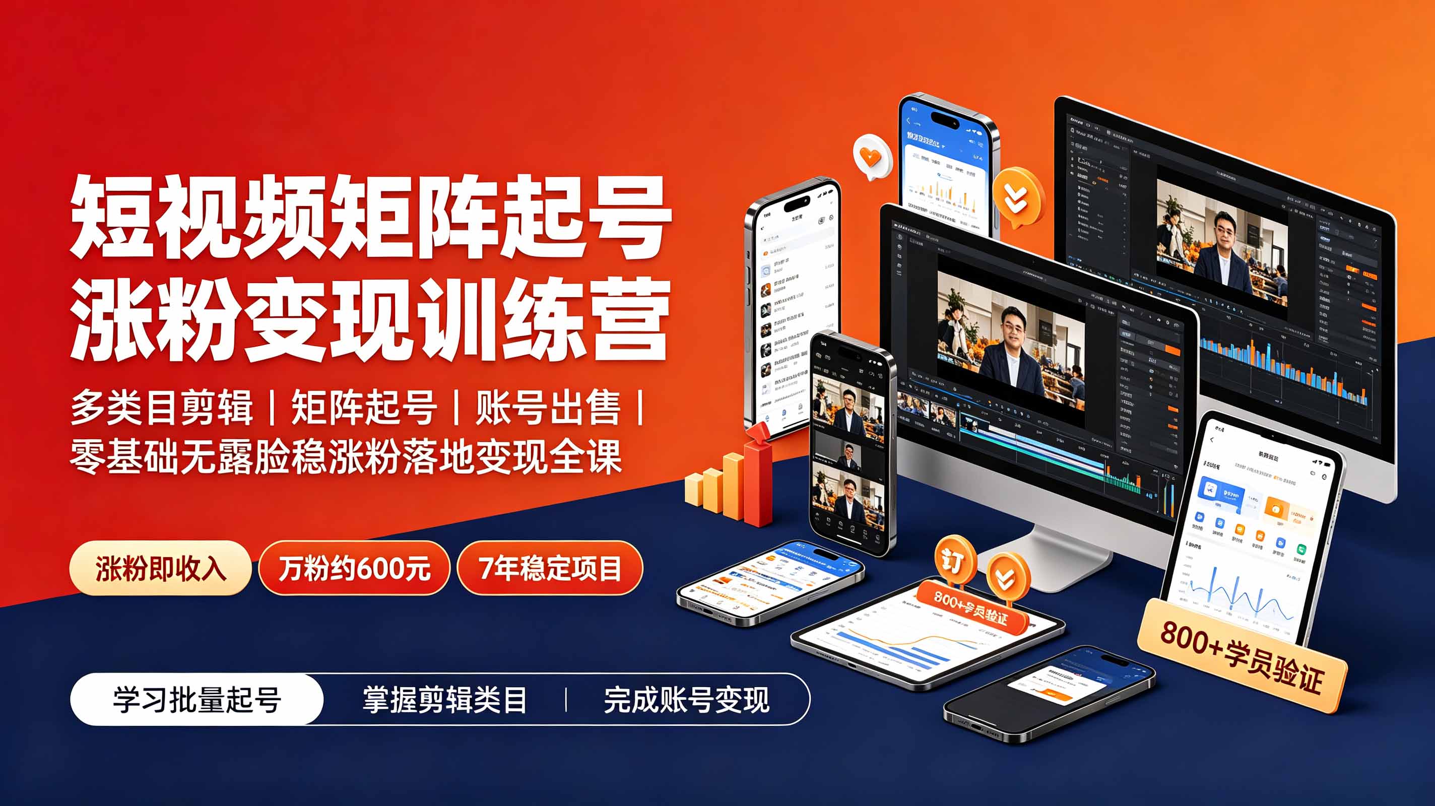 短视频矩阵起号涨粉变现训练营|多类目剪辑·矩阵起号·账号出售,零基础无露脸稳涨粉落地变现全课-独家科技资源网