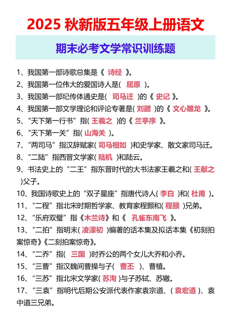 【2025秋新版】五年级上册语文期末必考文学常识训练题-独家科技资源网