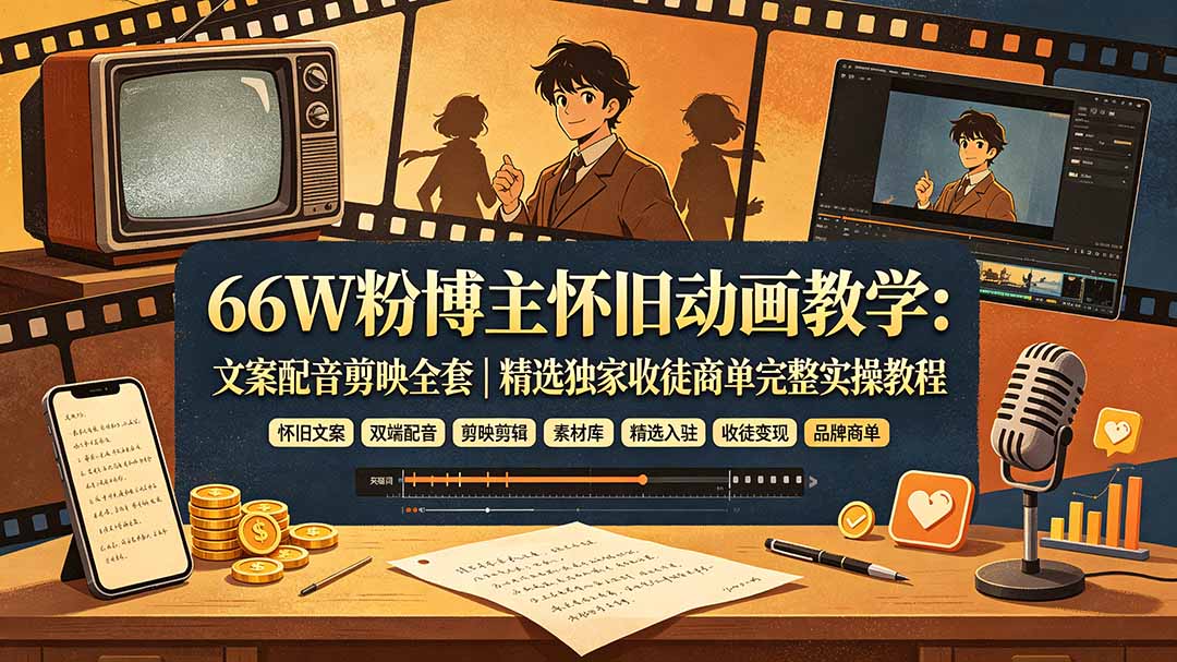 66W粉博主怀旧动画教学：文案配音剪映全套｜精选独家收徒商单完整实操教程-独家科技资源网