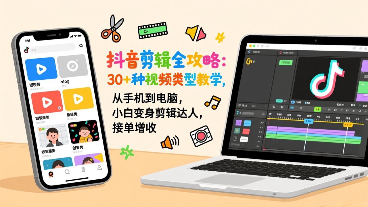 抖音剪辑全攻略：30+种视频类型教学，从手机到电脑，小白变身剪辑达人，接单增收-独家科技资源网