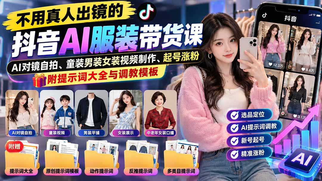 不用真人出镜的抖音AI服装带货课:AI对镜自拍、童装男装女装视频制作、起号涨粉,附提示词大全与调教模板-独家科技资源网