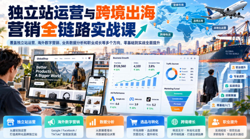 独立站运营与跨境出海营销全链路实战课,覆盖独立站运营、海外数字营销、业务数据分析和职业成长等多个方向,零基础到实战全面提升-独家科技资源网
