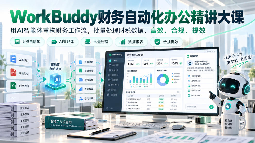 WorkBuddy财务自动化办公精讲大课,用AI智能体重构财务工作流,批量处理财税数据,高效、合规、提效-独家科技资源网