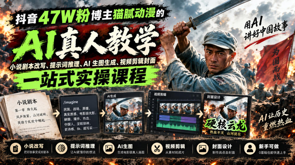 抖音47W粉博主猫腻动漫的AI真人漫剧教学，小说剧本改写、提示词推理、AI生图生成、视频剪辑封面一站式实操课程-独家科技资源网