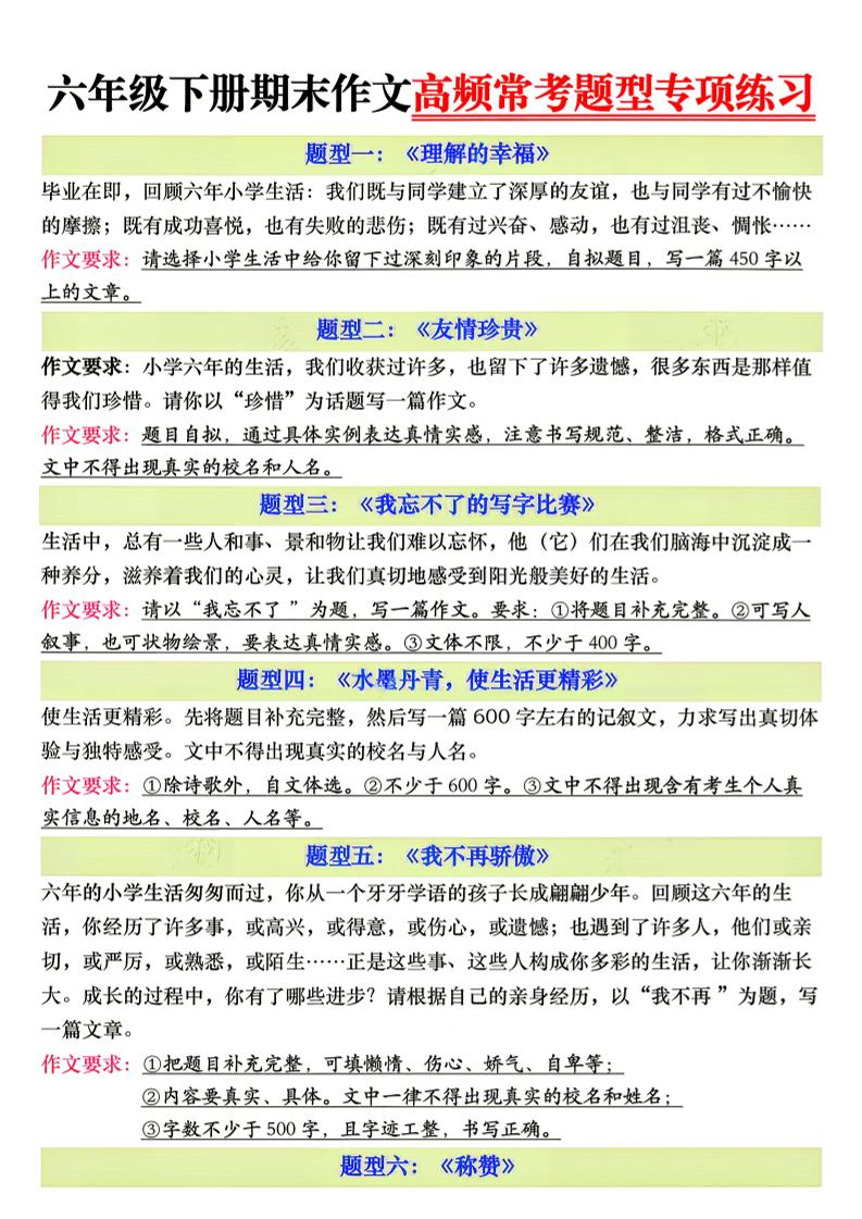 26新六年级下册语文期末作文高频常考题型专项练习-独家科技资源网