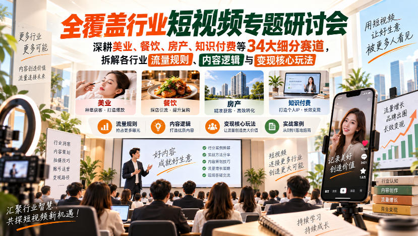 短视频专题研讨会,深耕美业、餐饮、房产、知识付费等34大细分赛道,拆解各行业流量规则、内容逻辑与变现核心玩法-独家科技资源网