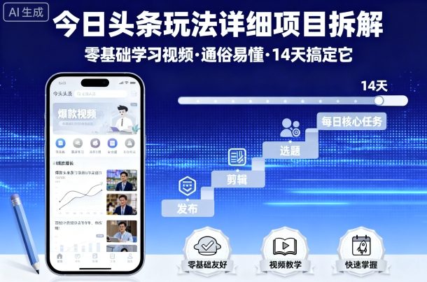 今日头条玩法详细项目拆解，零基础学习视频 通俗易懂 14天搞定它-独家科技资源网