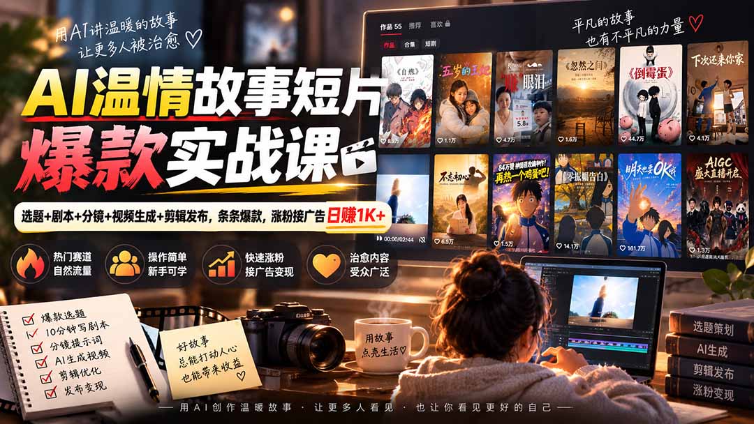 AI温情故事短片爆款实战课-更新｜选题+剧本+分镜+视频生成+剪辑发布，条条爆款，涨粉接广告日赚1K+-独家科技资源网