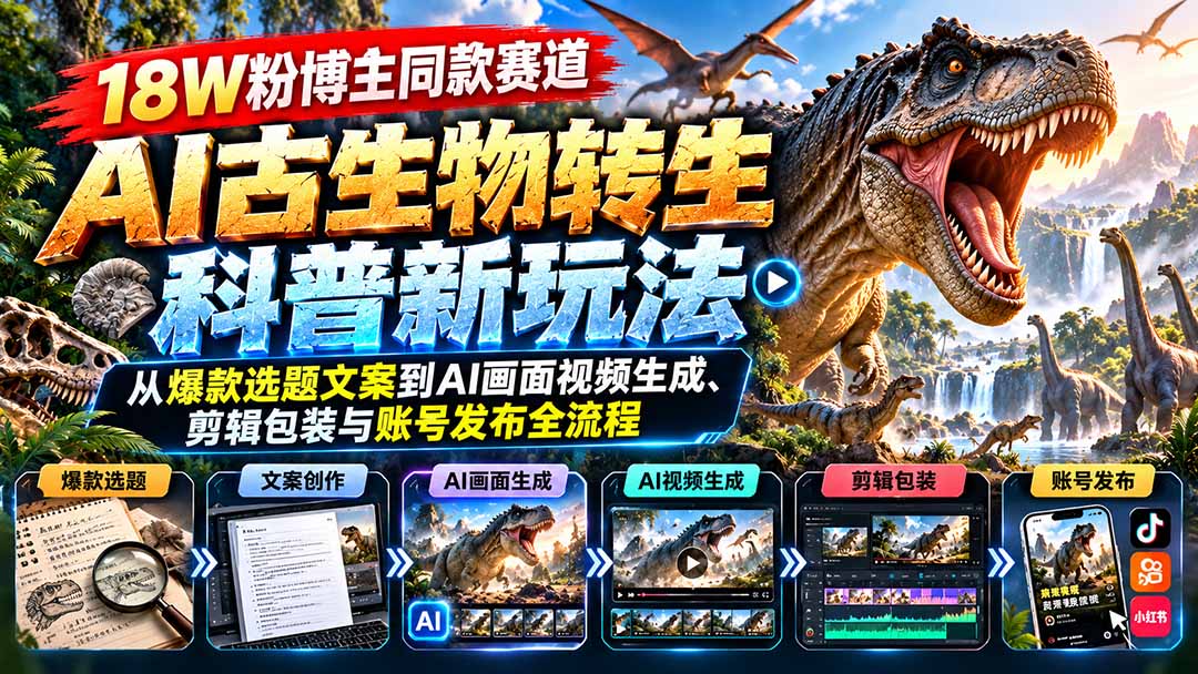 18W粉博主同款赛道-AI古生物转生科普新玩法：从爆款选题文案到AI画面视频生成、剪辑包装与账号发布全流程-独家科技资源网