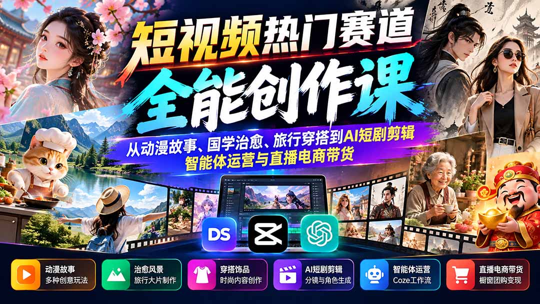 短视频热门赛道全能创作课:从动漫故事、国学治愈、旅行穿搭到AI短剧剪辑、智能体运营与直播电商带货-独家科技资源网
