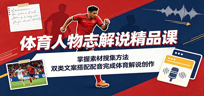 体育人物志解说精品课：掌握素材搜集方法，双类文案搭配配音完成体育解说创作-独家科技资源网