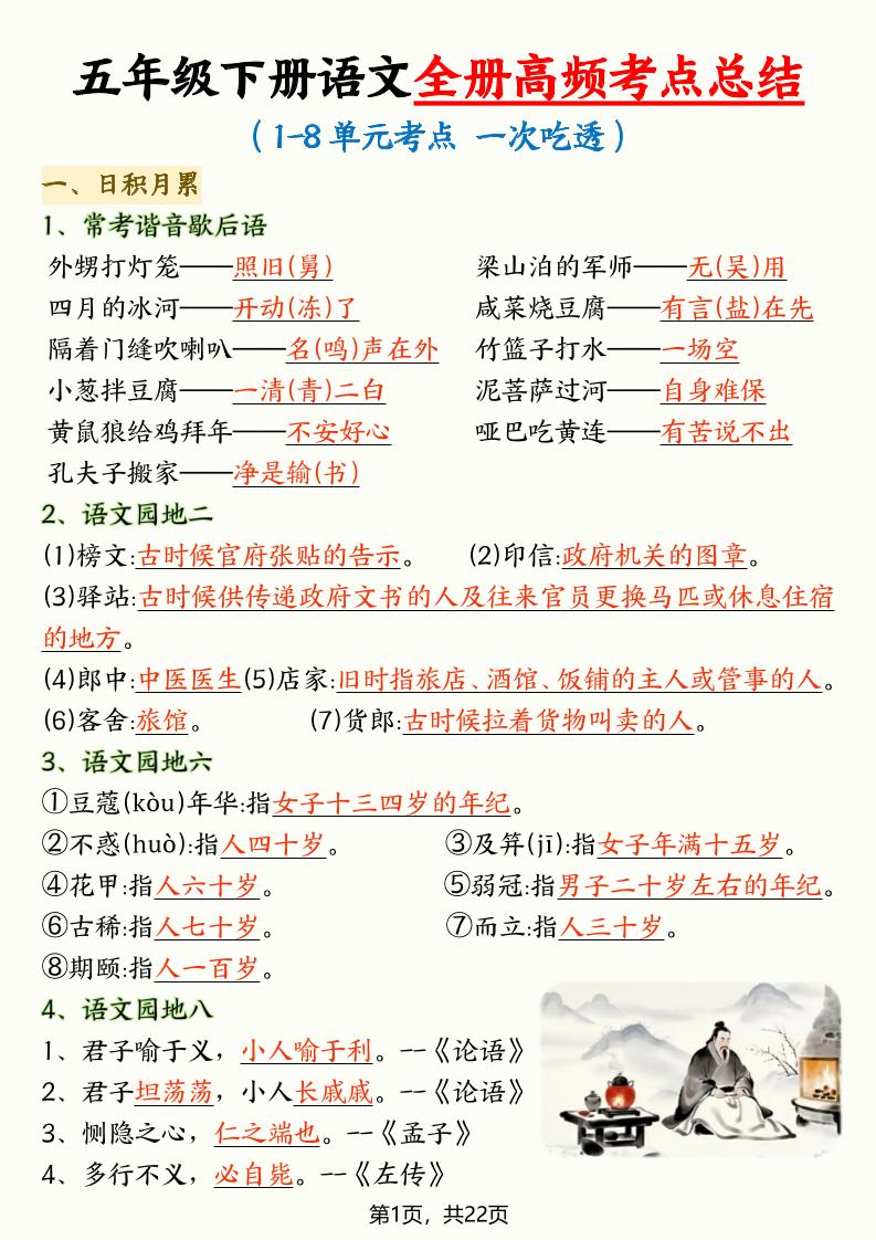 五年级下语文全册高频考点总结-独家科技资源网