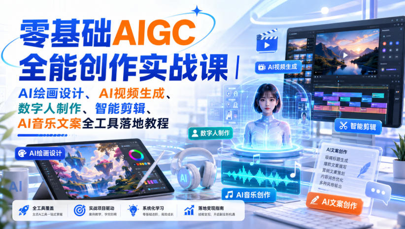 零基础AIGC全能创作实战课|AI绘画设计、AI视频生成、数字人制作、智能剪辑、AI音乐文案全工具落地教程-独家科技资源网