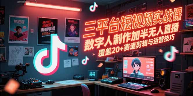 三平台短视频实战课，数字人制作加半无人直播，覆盖20+赛道剪辑与运营技巧-独家科技资源网