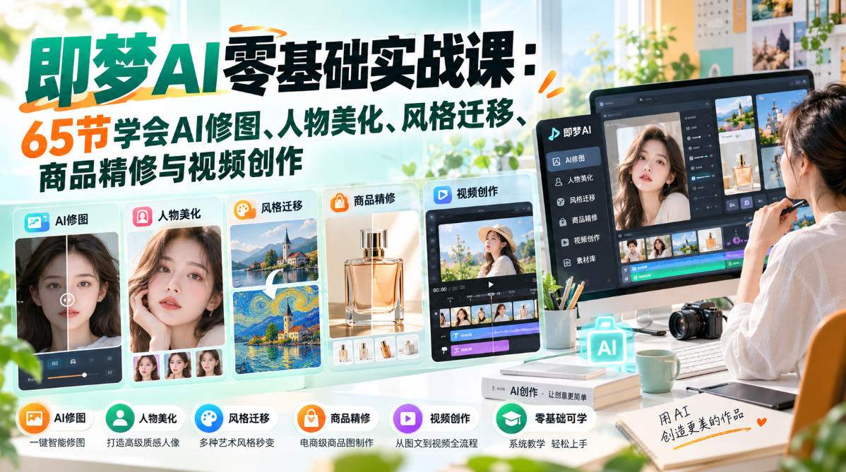 即梦AI零基础实战课：65节学会AI修图、人物美化、风格迁移、商品精修与视频创作-独家科技资源网