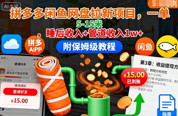 拼多多闲鱼网盘拉新项目，一单5-15米，睡后收入+管道收入1w+(附保姆级教程)-独家科技资源网
