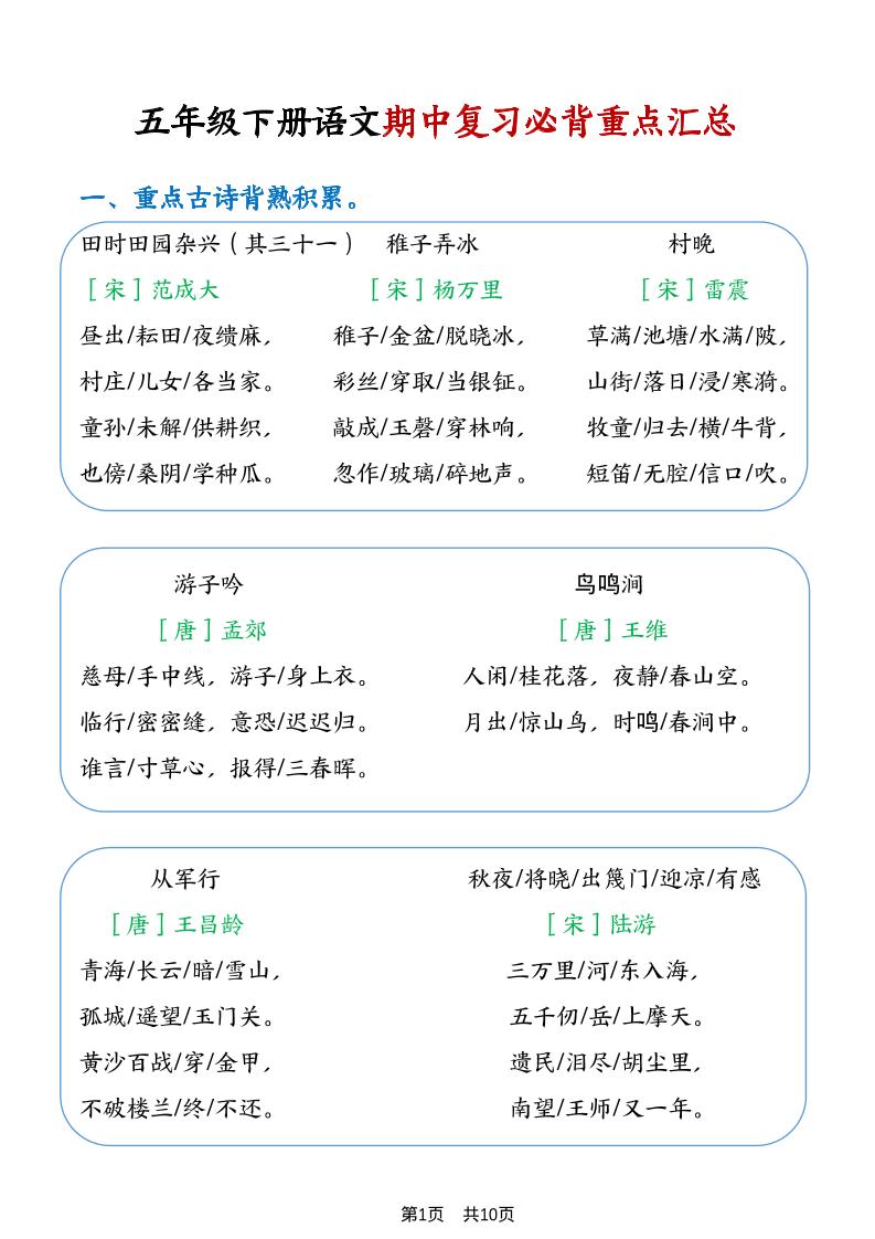五年级下语文期中复习重点知识点汇总1-独家科技资源网