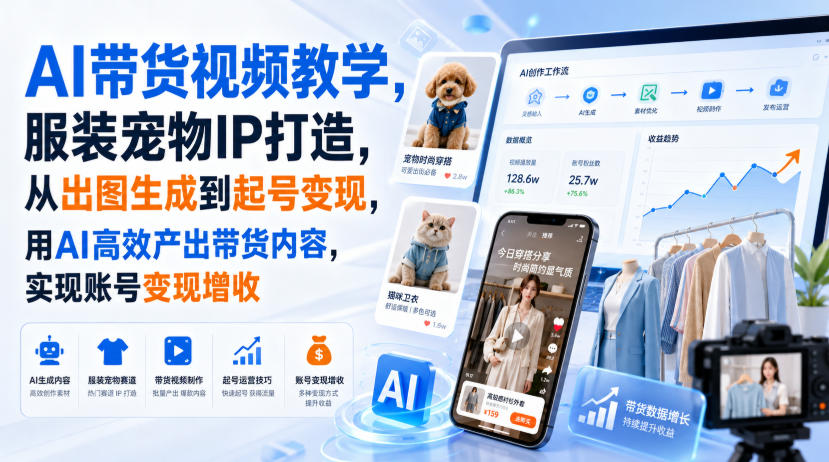 AI带货视频教学，服装宠物IP打造，从出图生成到起号变现，用AI高效产出带货内容，实现账号变现增收-独家科技资源网